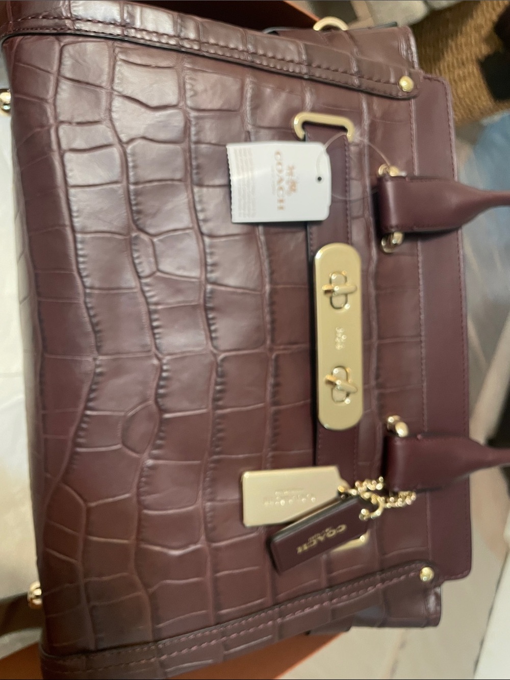Coach Croc-Embossed Leather Satchel in Plum with Gold Hardware